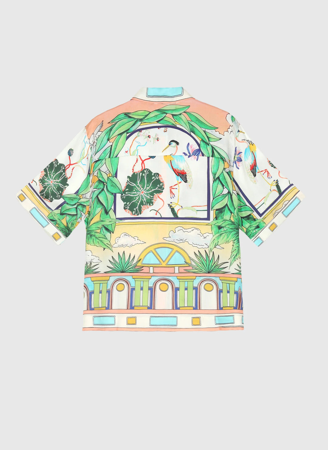  An’ge Silvaly Naturalia sky blue printed shirt with tropical botanical and bird motifs