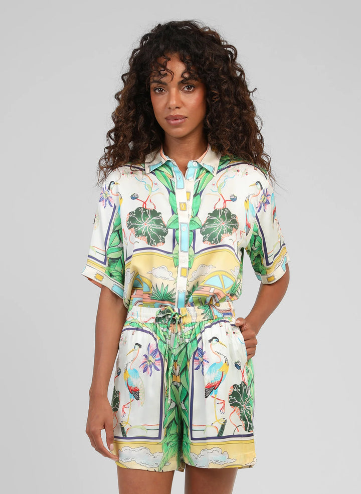 An’ge Silvaly Naturalia sky blue printed shirt with tropical botanical and bird motifs