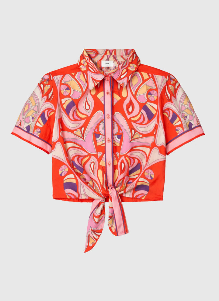 An’ge Suzalia Astola printed shirt in piment tones with retro pattern and front tie detail