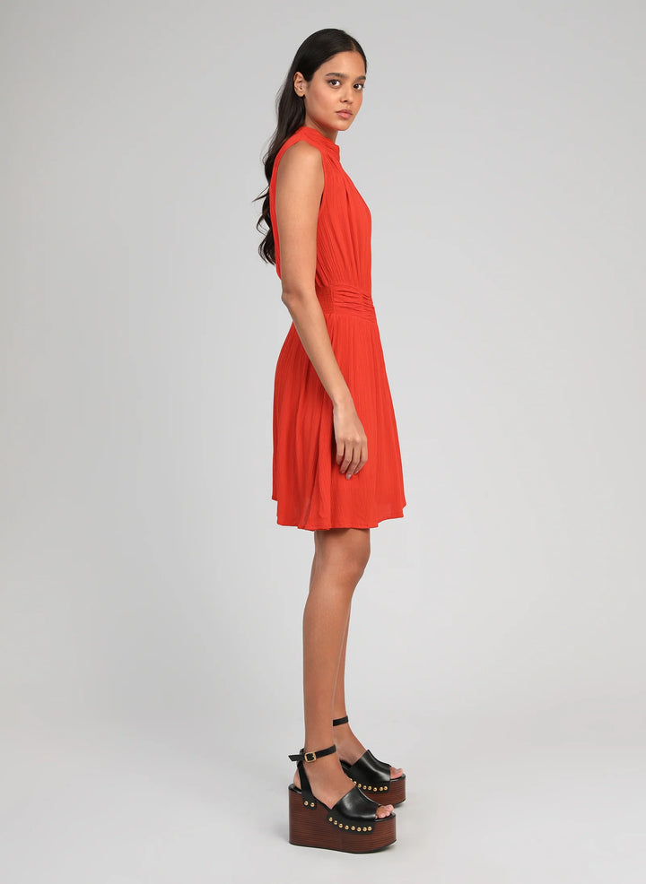  An’ge Orleane piment short dress with gathered waist and sleeveless flared silhouette