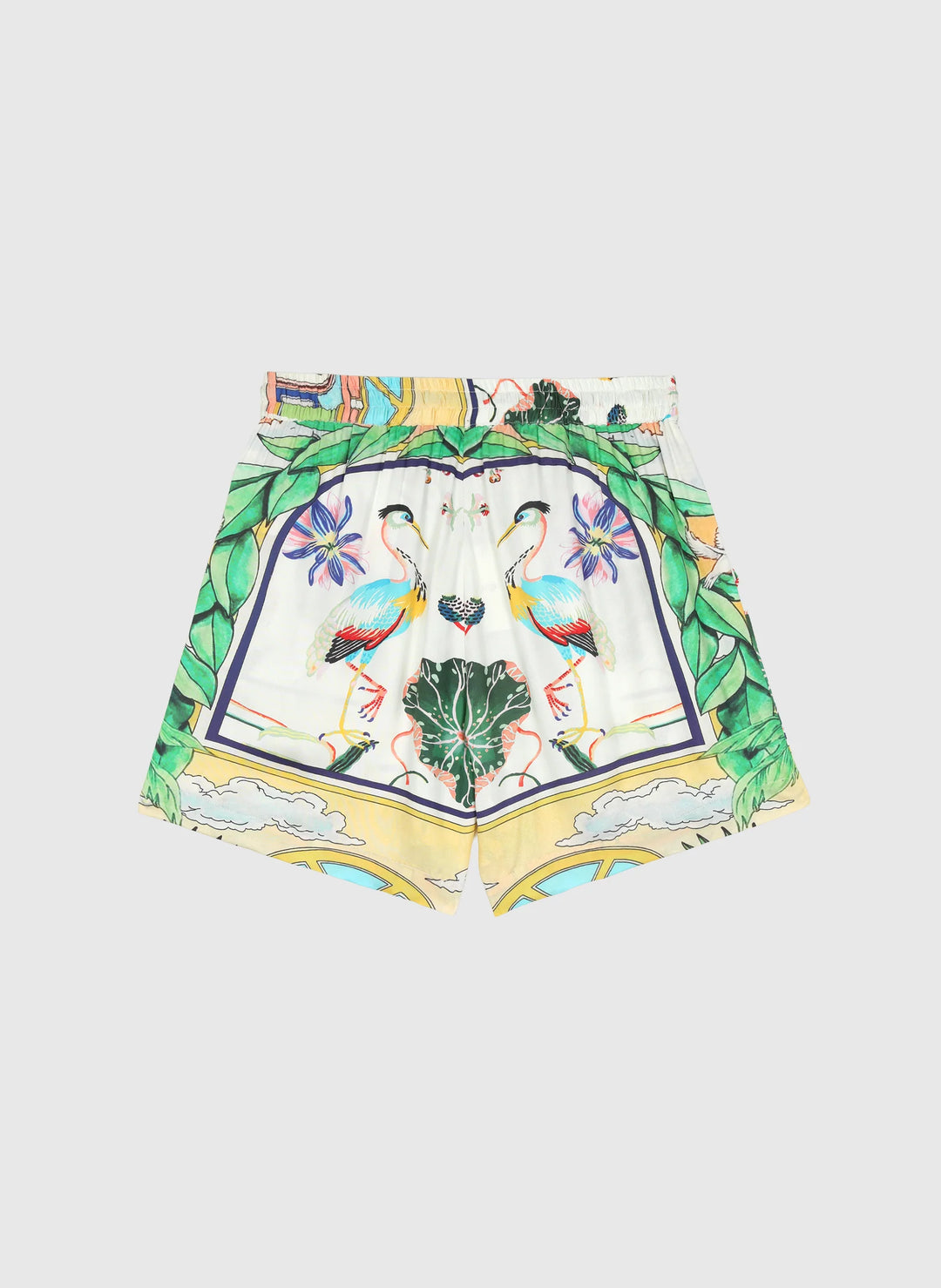 An’ge Rilvana Naturalia sky blue printed shorts with tropical botanical and bird motifs