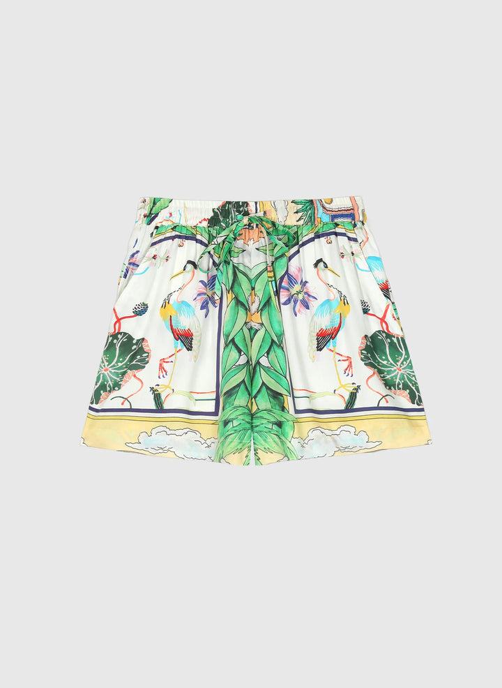 An’ge Rilvana Naturalia sky blue printed shorts with tropical botanical and bird motifs