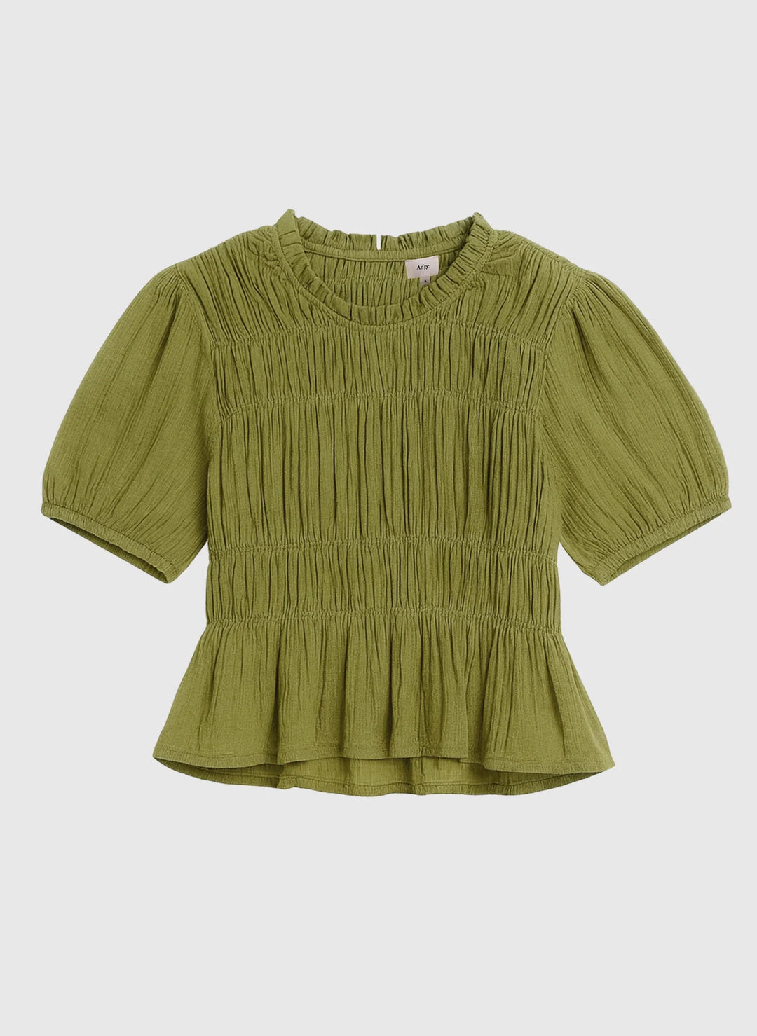 An’ge Sizaya smocked top with puff sleeves and peplum hem in lightweight textured fabric