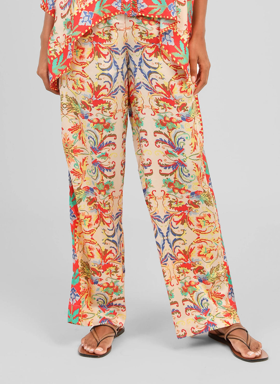 An’ge Rossana Merida ecru wide-leg trousers with colorful bohemian print