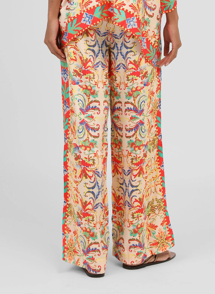 An’ge Rossana Merida ecru wide-leg trousers with colorful bohemian print