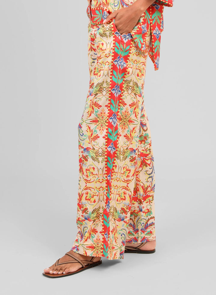 An’ge Rossana Merida ecru wide-leg trousers with colorful bohemian print