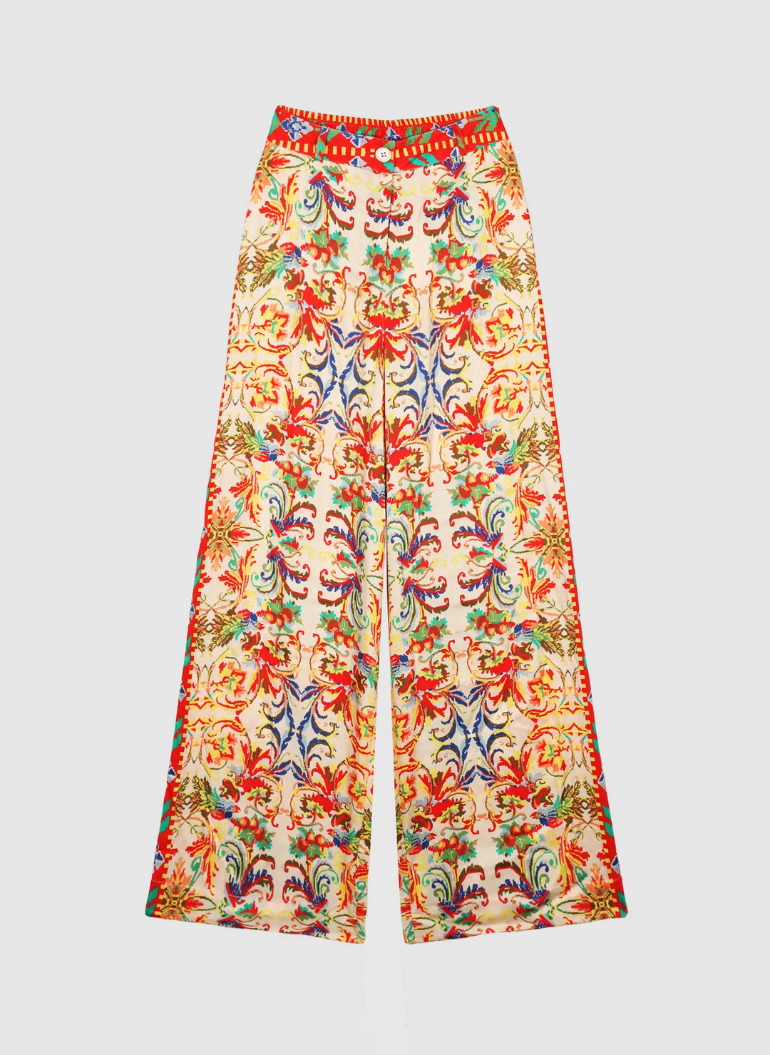 An’ge Rossana Merida ecru wide-leg trousers with colorful bohemian print