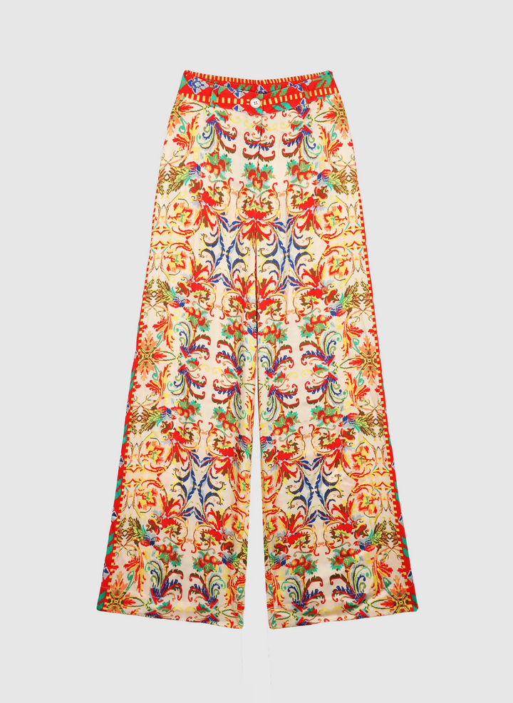 An’ge Rossana Merida ecru wide-leg trousers with colorful bohemian print