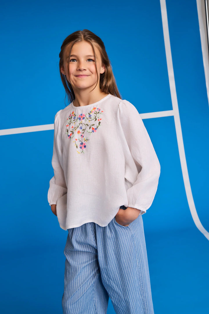 girls blue pinstripe wide leg pants with elastic waist
