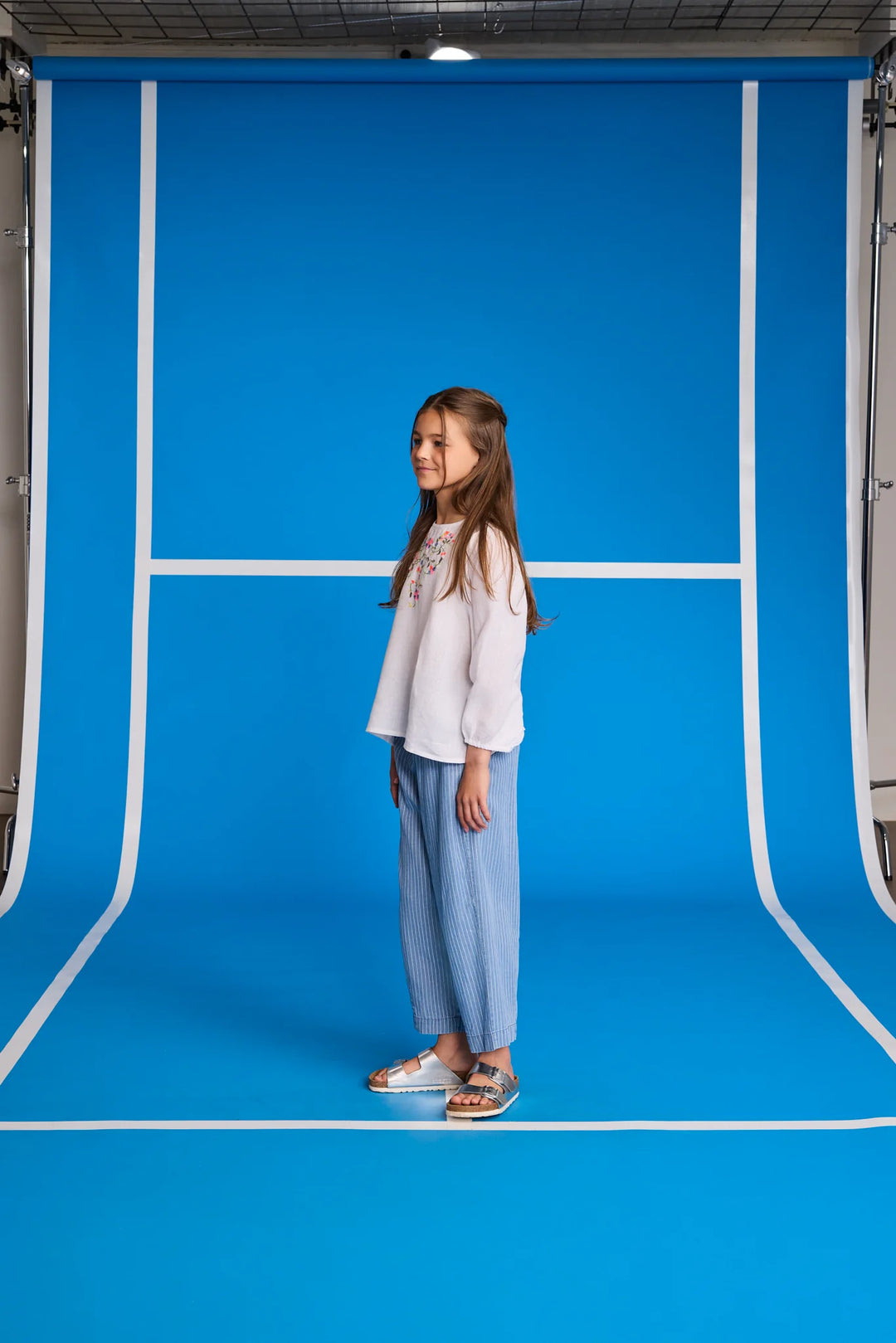 girls blue pinstripe wide leg pants with elastic waist
