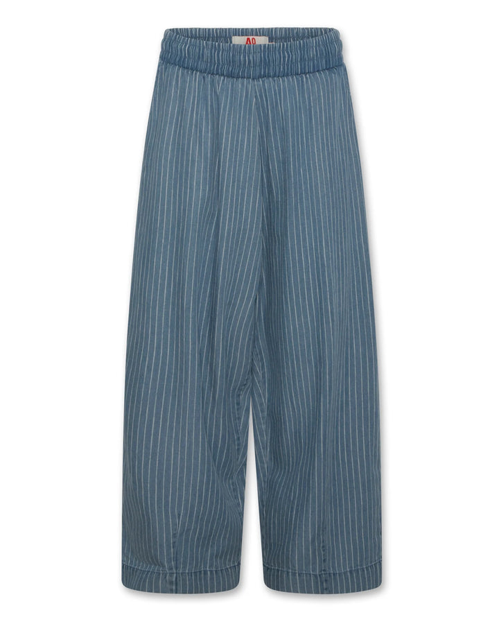 girls blue pinstripe wide leg pants with elastic waist
