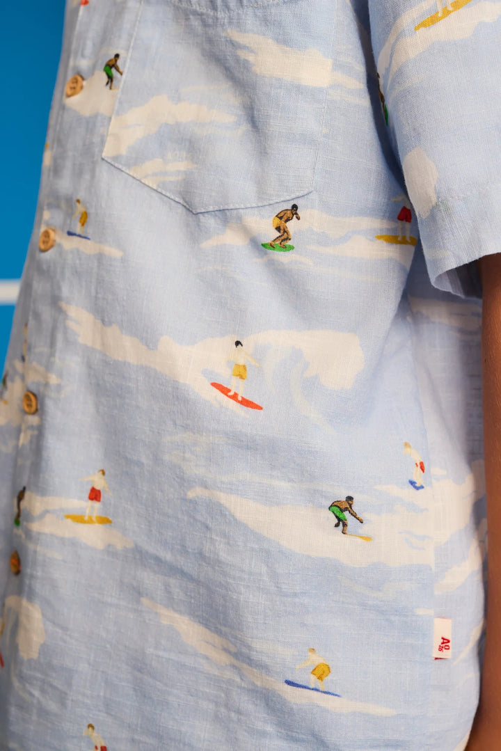 boys light blue surf print hawaiian short sleeve shirt
