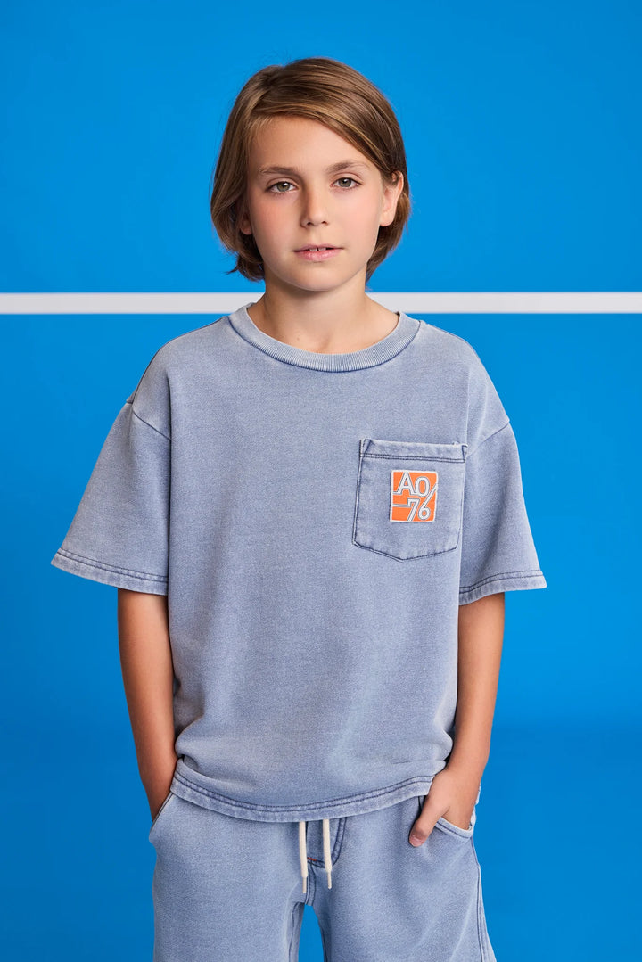 boys washed blue t-shirt with logo chest pocket
