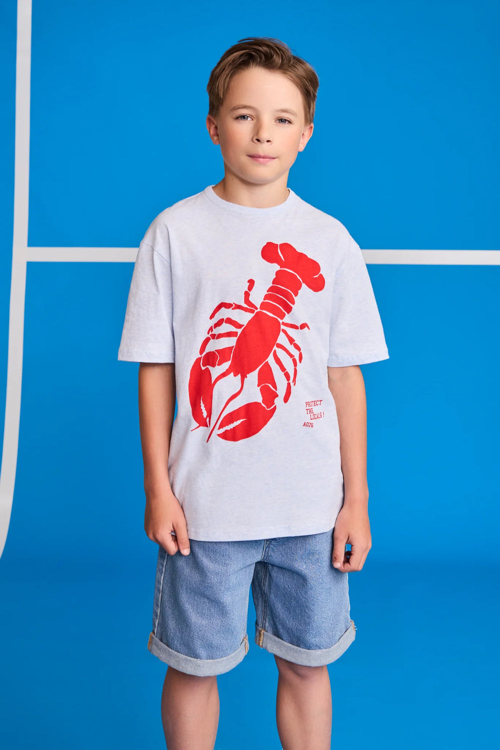 boys heather light blue t-shirt with red lobster print

