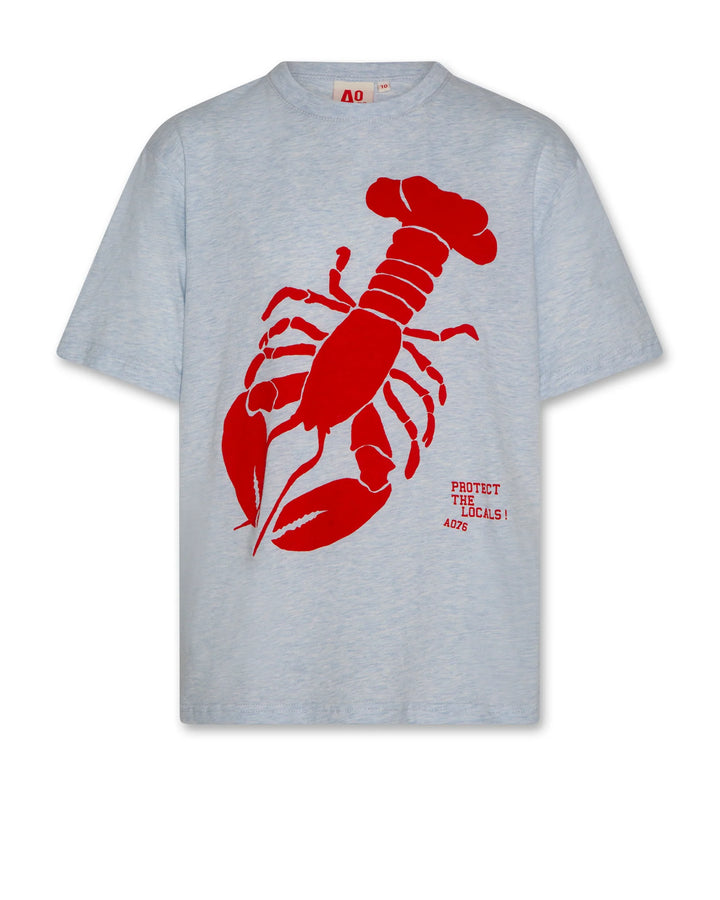 boys heather light blue t-shirt with red lobster print
