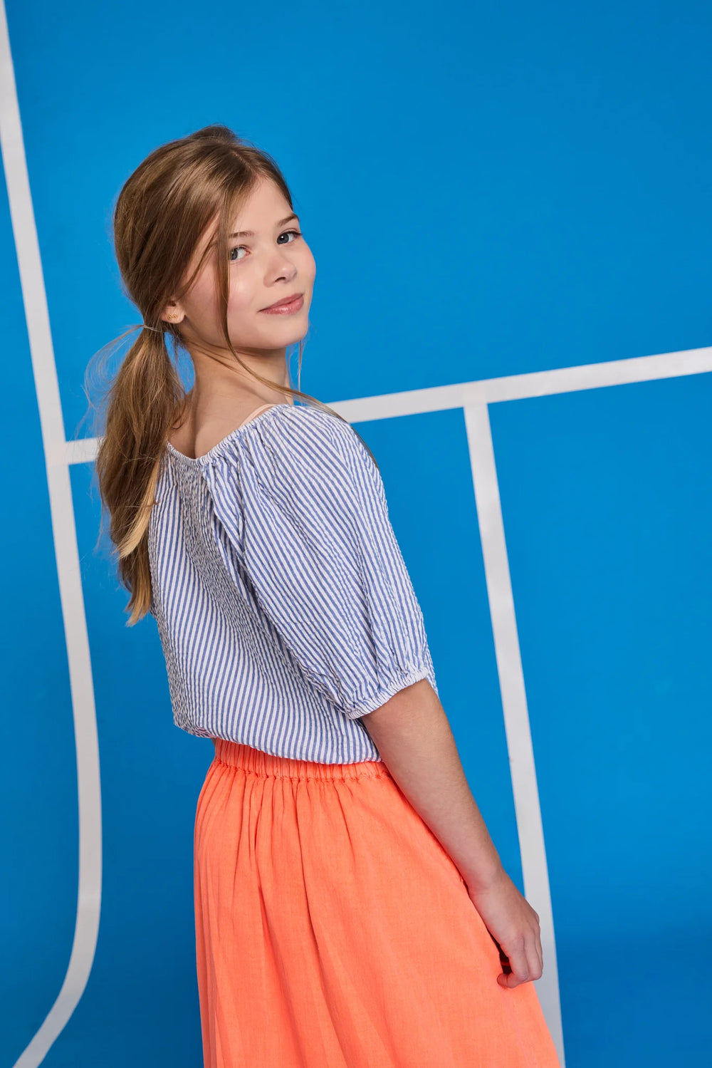 girls cobalt blue and white striped cropped blouse
