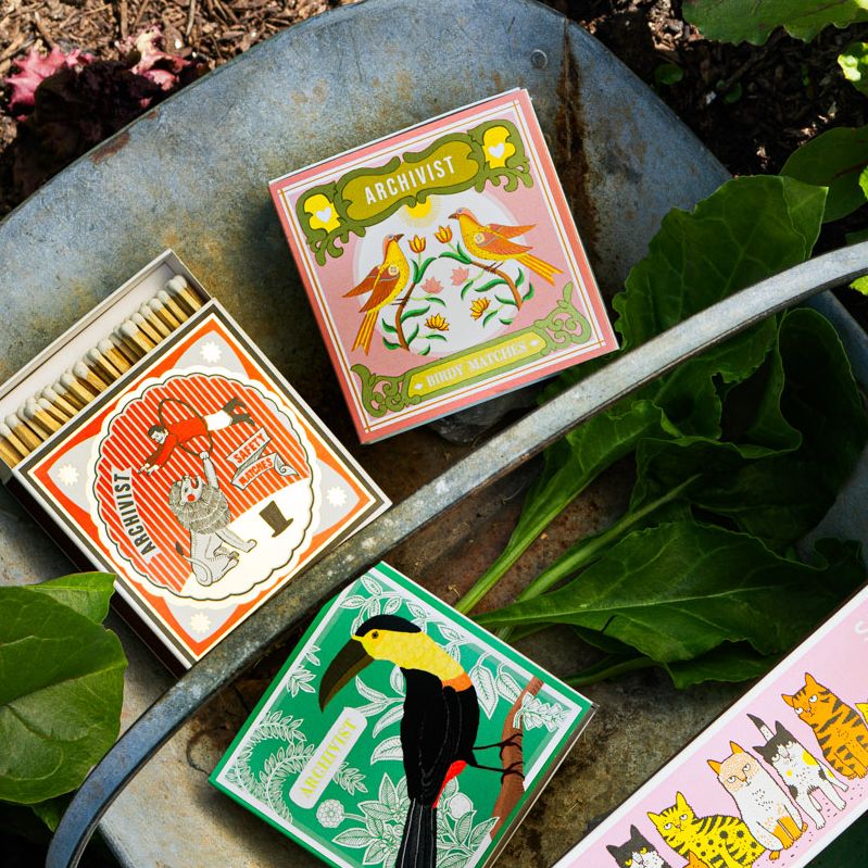 Archivist Birdy Matches luxury square matchbox with illustrated birds and floral design in pastel tones