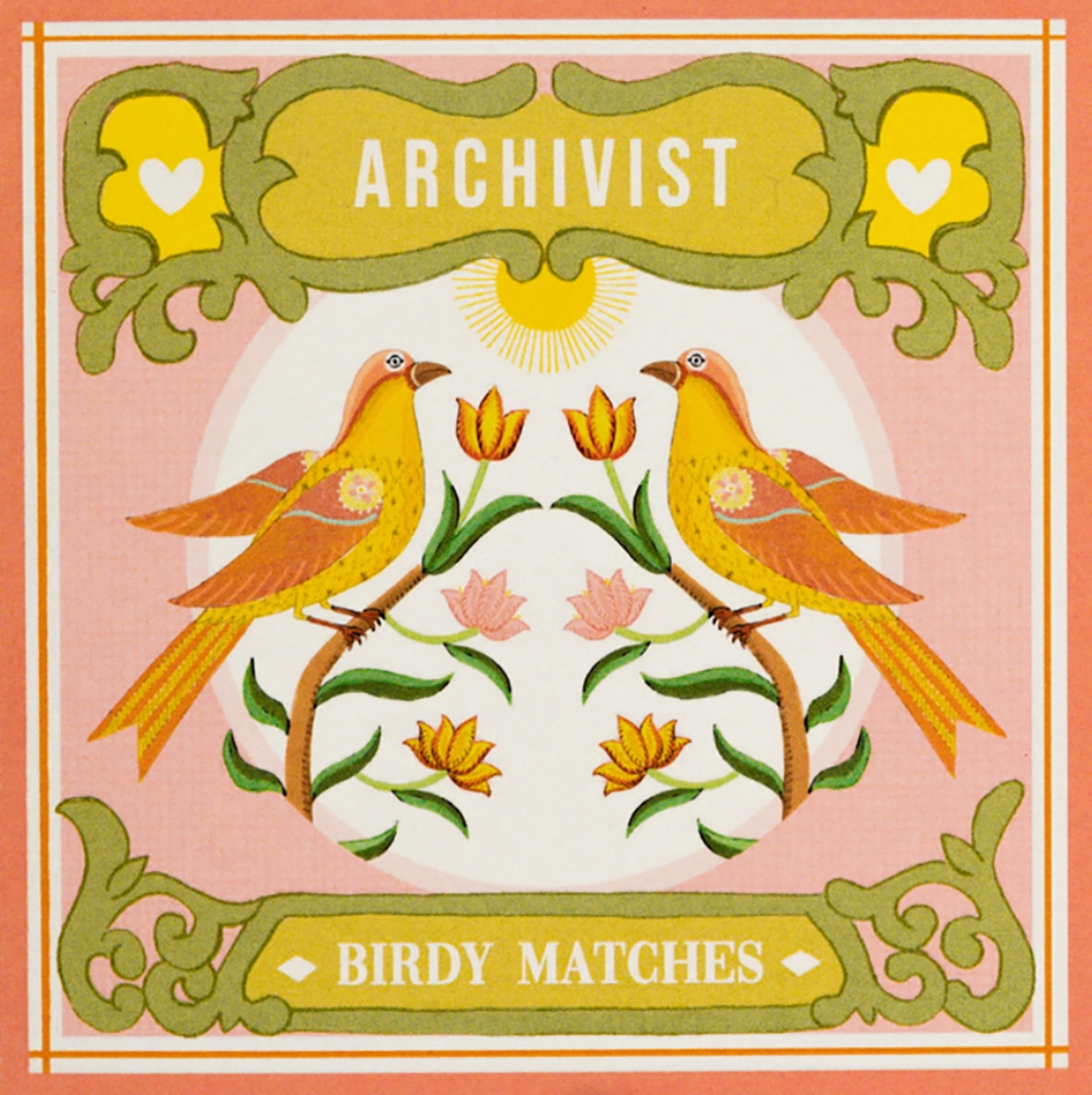 Archivist Birdy Matches luxury square matchbox with illustrated birds and floral design in pastel tones
