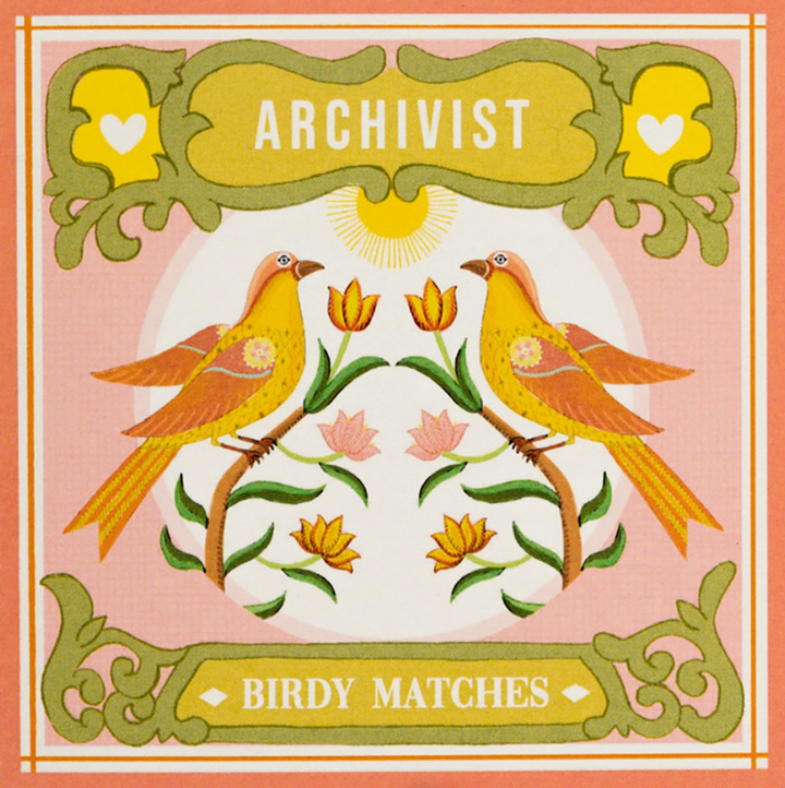 Archivist Birdy Matches luxury square matchbox with illustrated birds and floral design in pastel tones