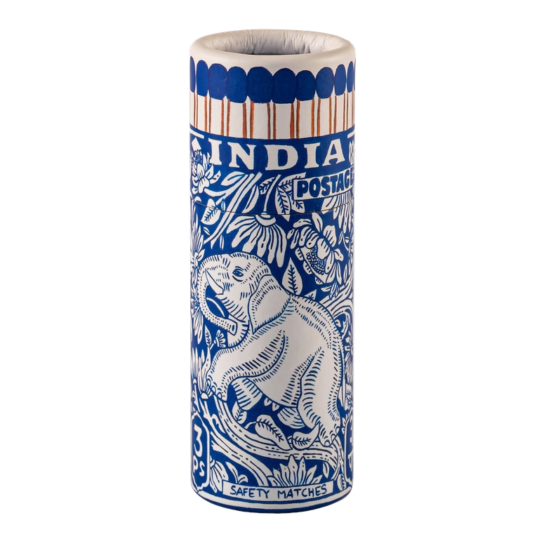 Archivist Elephant Stamp small cylinder safety matches with blue elephant illustration