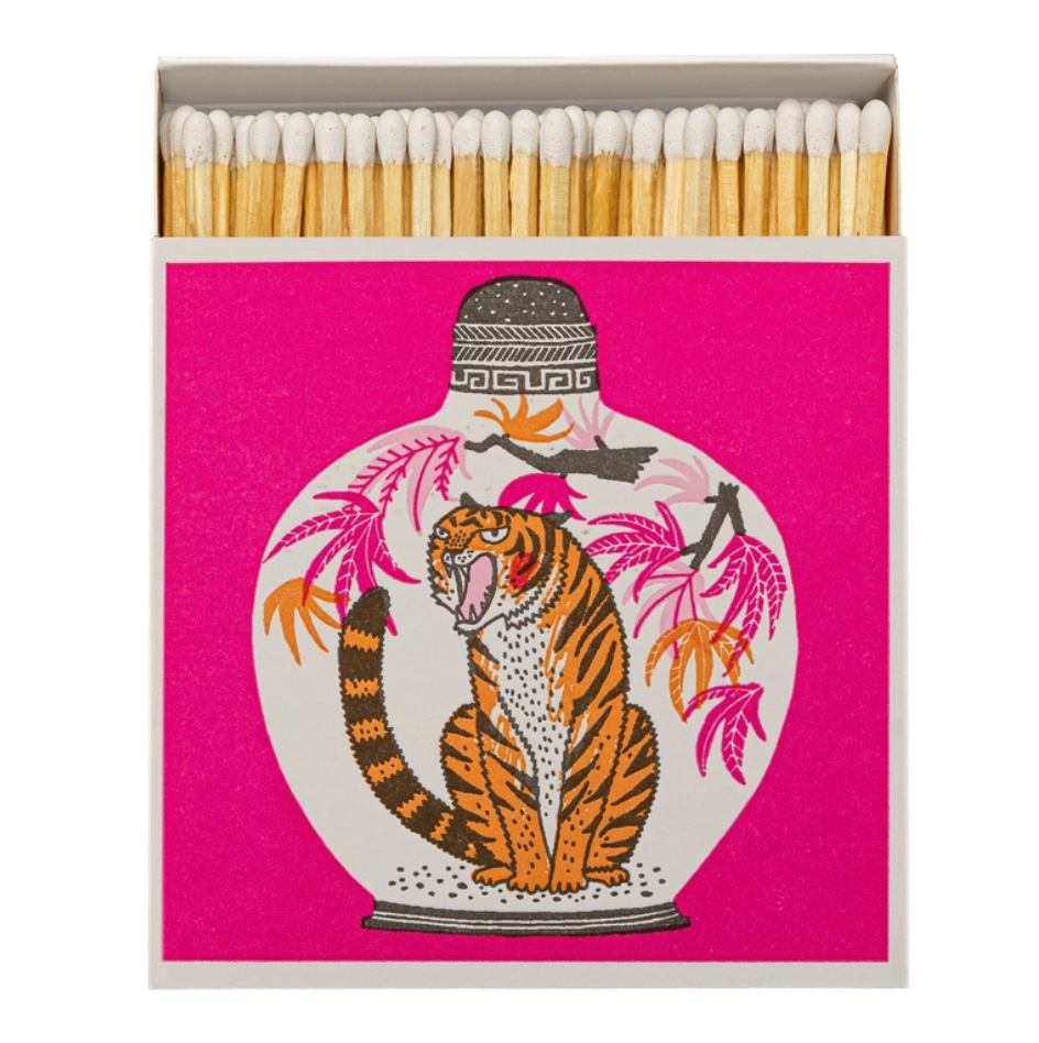 Archivist Pink Tiger luxury decorative matchbox with colourful tiger illustration
