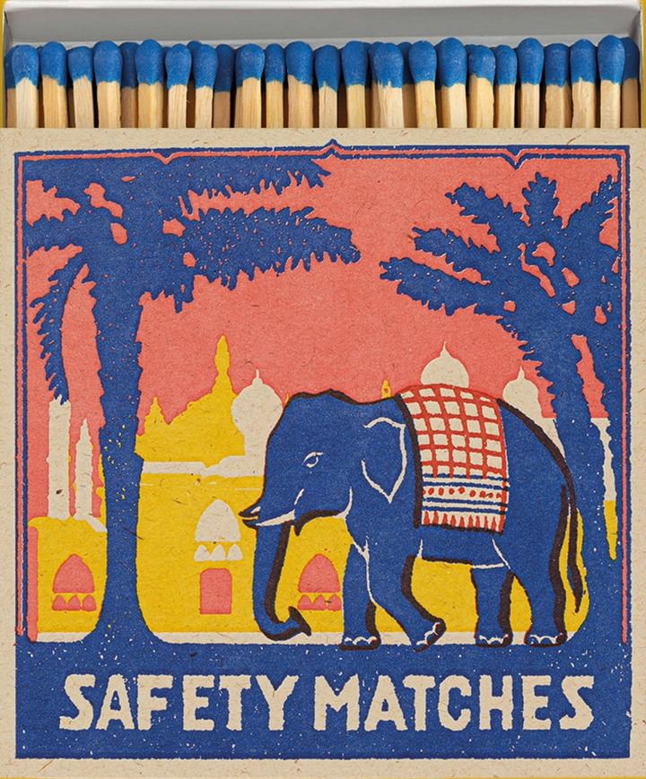 Archivist Pink Elephant decorative luxury matchbox with colorful vintage elephant artwork