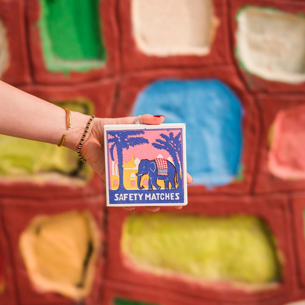 Archivist Pink Elephant decorative luxury matchbox with colorful vintage elephant artwork