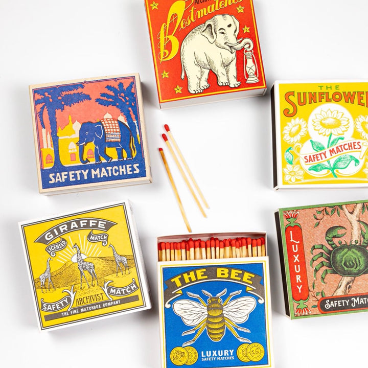 Archivist Pink Elephant decorative luxury matchbox with colorful vintage elephant artwork
