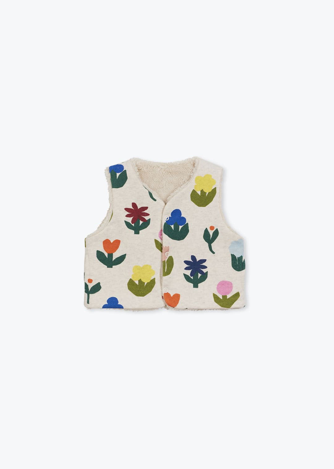 Arsène et les Pipelettes reversible floral organic cotton fleece baby vest with beige faux fur