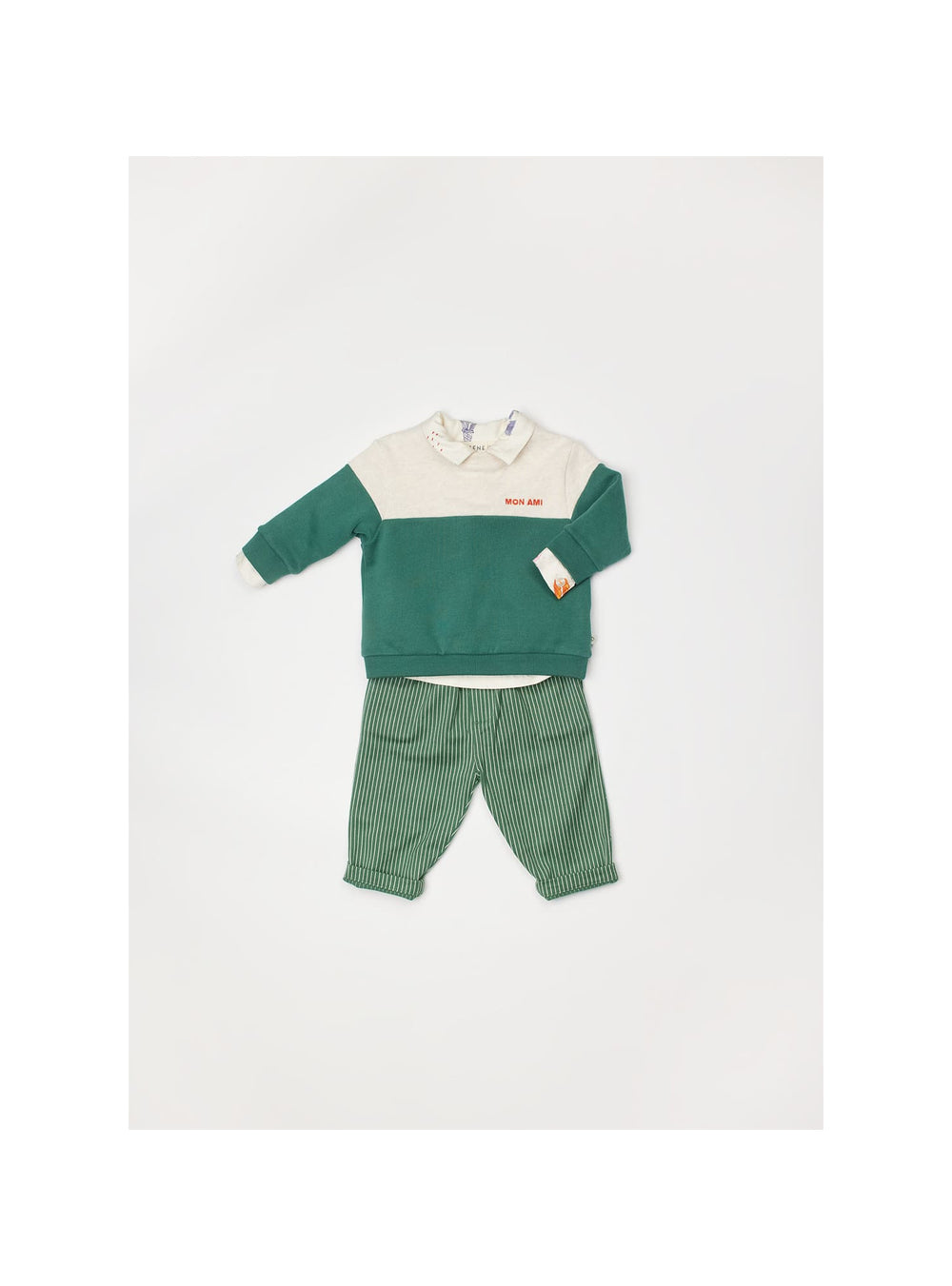 Arsène et les Pipelettes green striped cotton baby trousers with elasticated waist and pockets