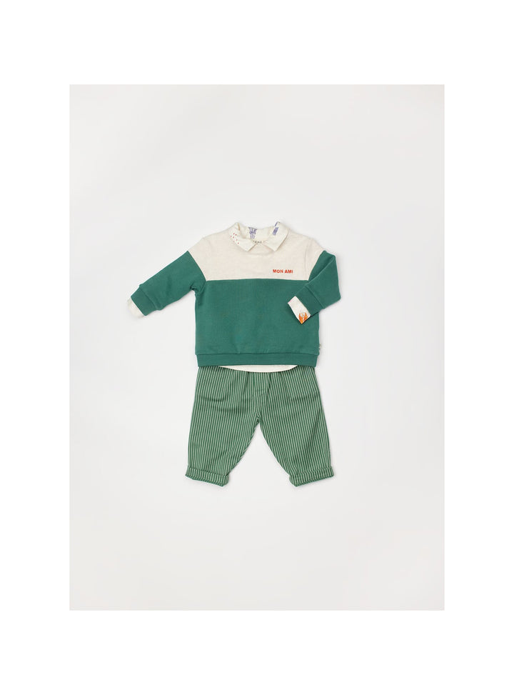 Arsène et les Pipelettes green striped cotton baby trousers with elasticated waist and pockets