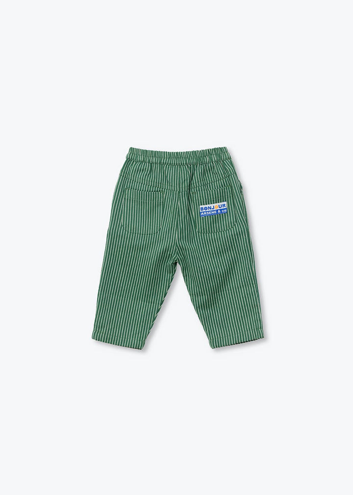 Arsène et les Pipelettes green striped cotton baby trousers with elasticated waist and pockets