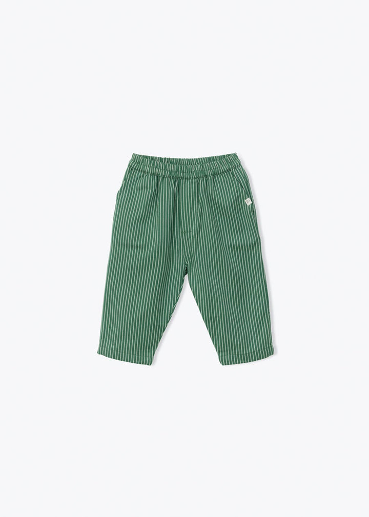 Arsène et les Pipelettes green striped cotton baby trousers with elasticated waist and pockets