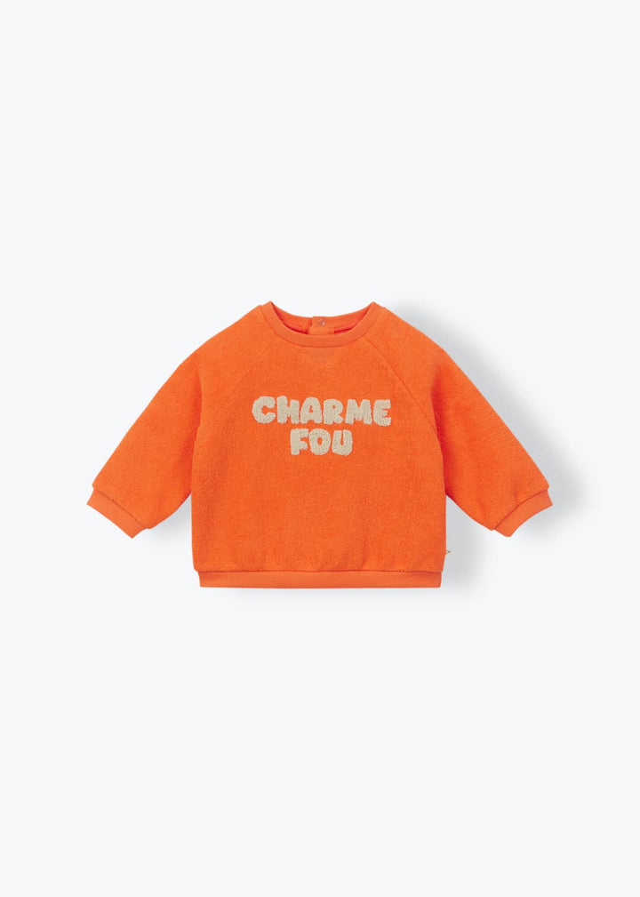 Arsène et les Pipelettes orange organic cotton baby sweatshirt with Crazy Charm embroidery