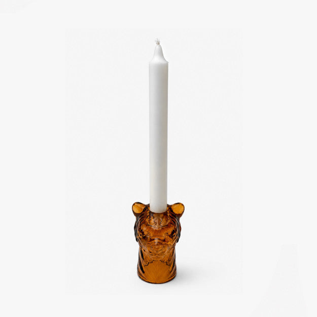 Lion glass candle holder with decorative animal-inspired design
