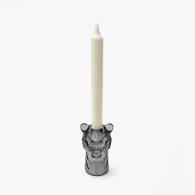 Lion glass candle holder with decorative animal-inspired design