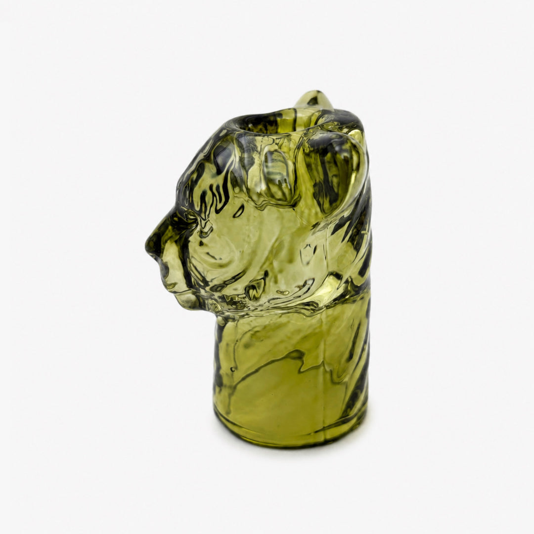 Lion glass candle holder with decorative animal-inspired design