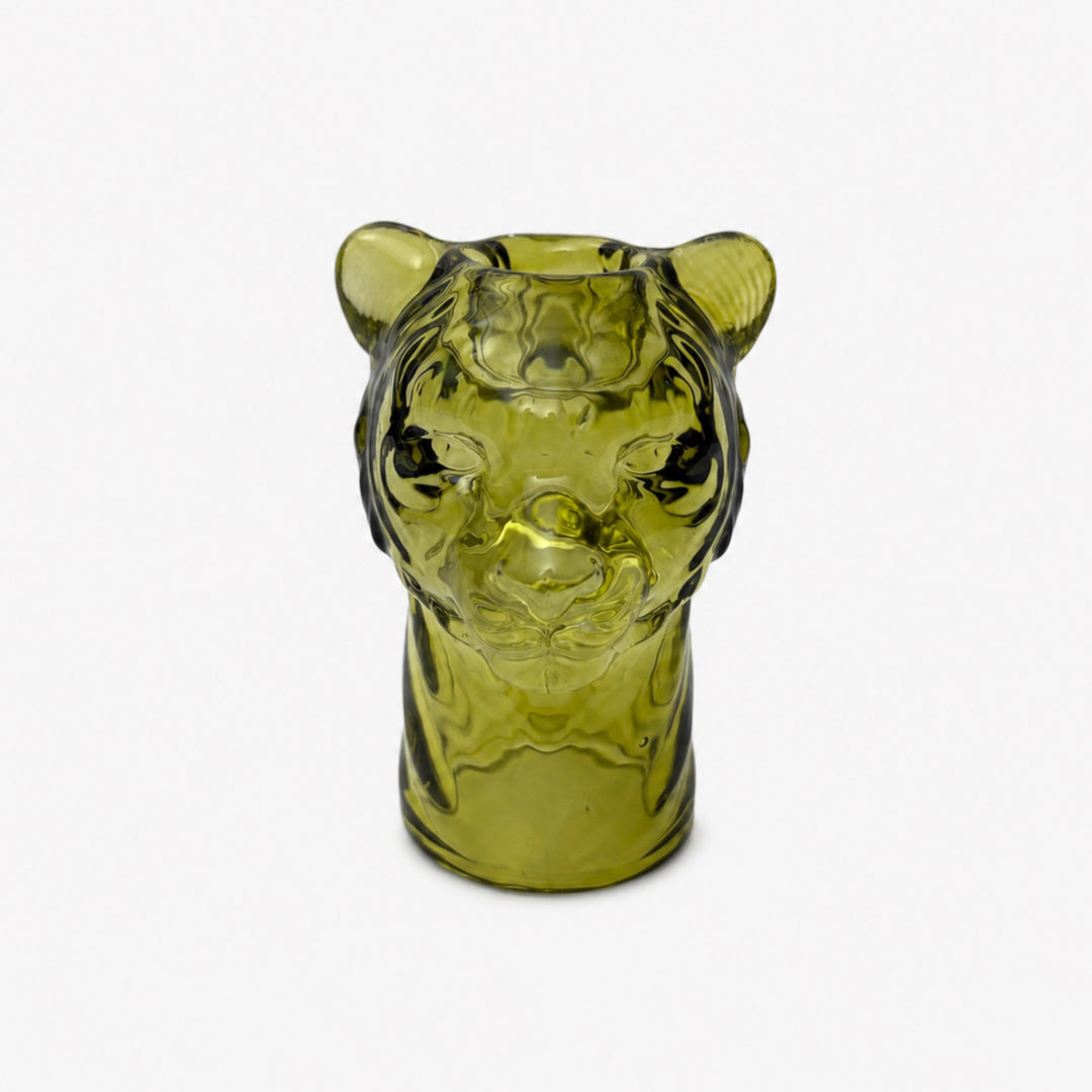Lion glass candle holder with decorative animal-inspired design