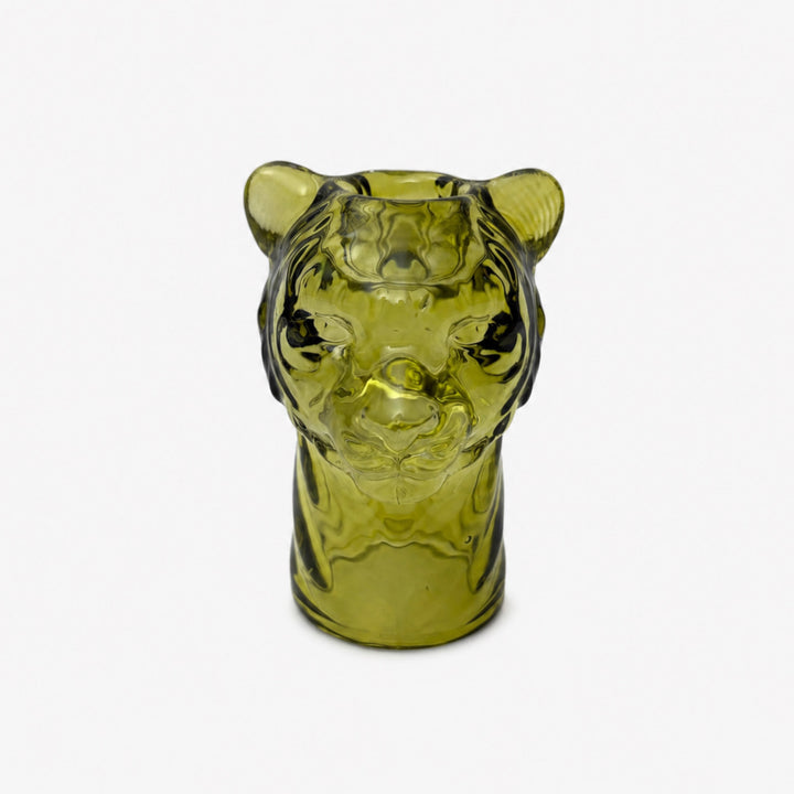 Lion glass candle holder with decorative animal-inspired design