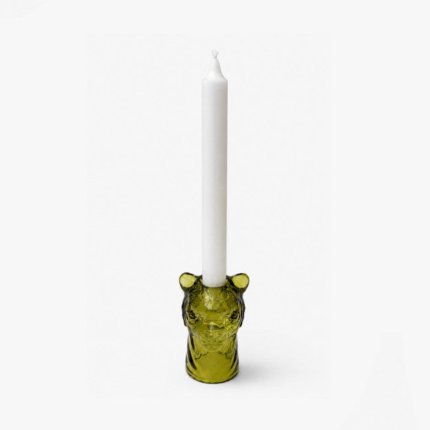 Lion glass candle holder with decorative animal-inspired design