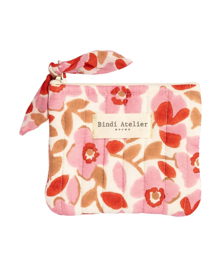 Small quilted pink floral coin purse by Bindi Atelier with soft botanical print and zip closure