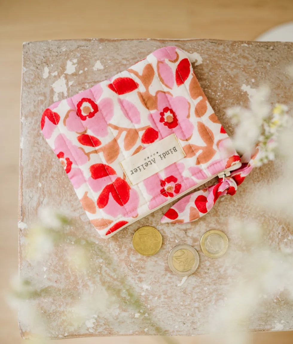 Small quilted pink floral coin purse by Bindi Atelier with soft botanical print and zip closure
