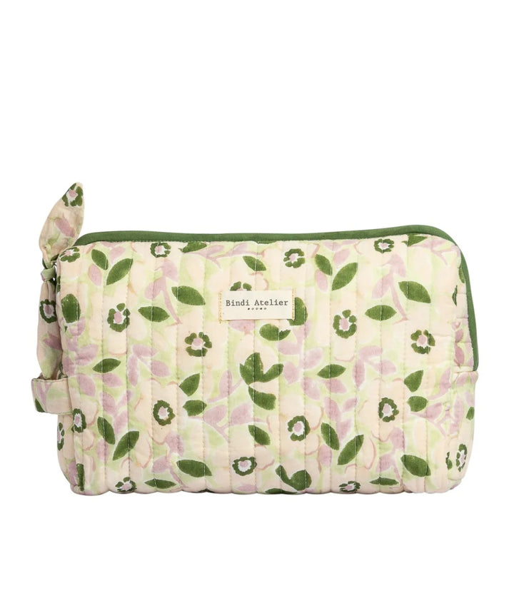 Floral quilted beauty pouch by Bindi Atelier in green and pink botanical print