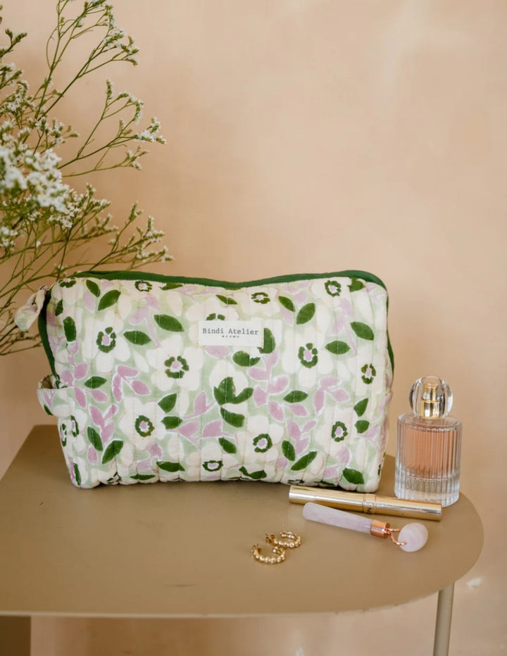 Floral quilted beauty pouch by Bindi Atelier in green and pink botanical print
