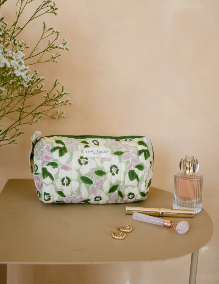 Floral quilted beauty pouch by Bindi Atelier in green and pink botanical print