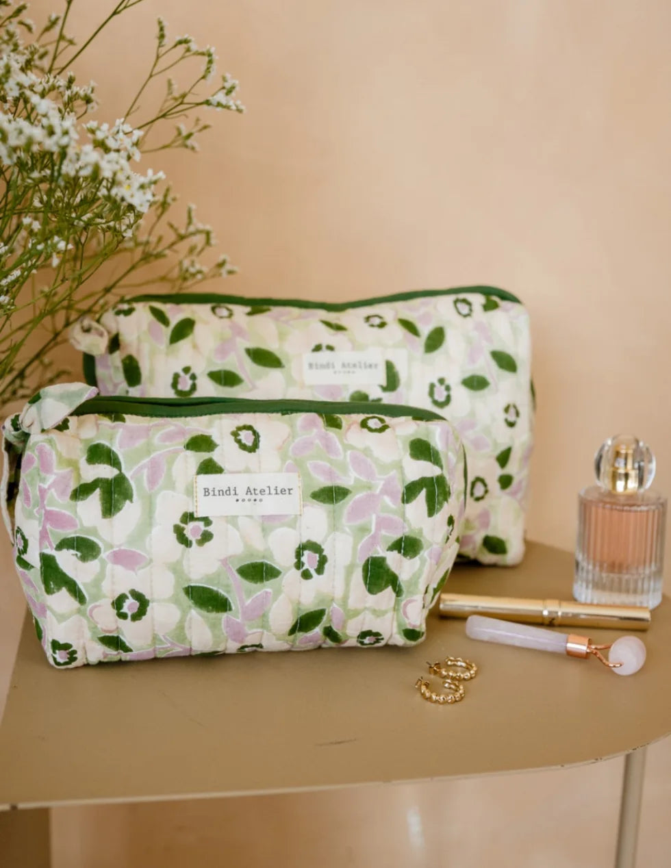 Floral quilted beauty pouch by Bindi Atelier in green and pink botanical print