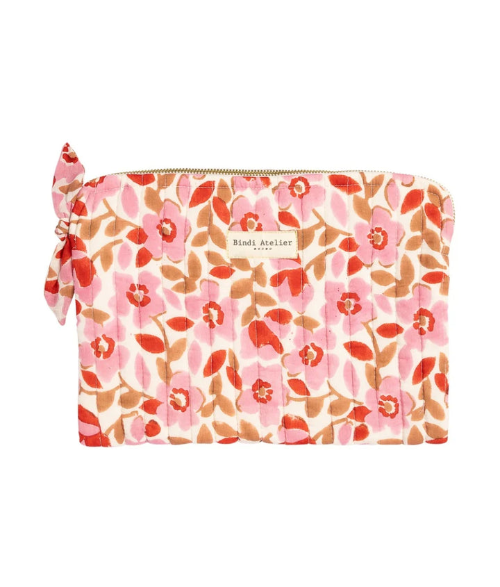 Pink floral quilted iPad pouch by Bindi Atelier with zip closure and soft botanical print