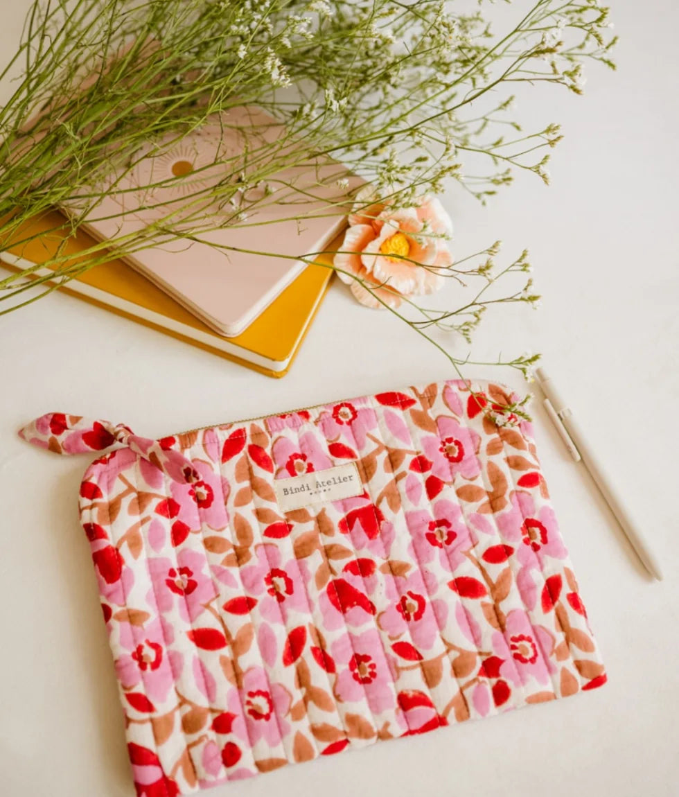 Pink floral quilted iPad pouch by Bindi Atelier with zip closure and soft botanical print