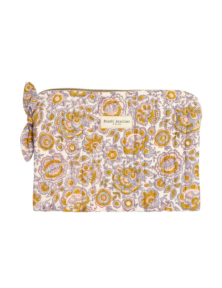 Quilted floral iPad pouch by Bindi Atelier with zip closure and pastel botanical print