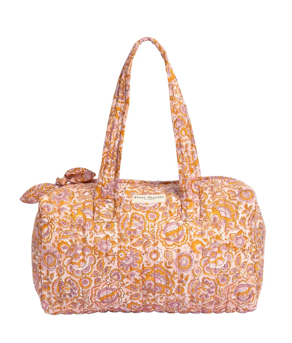Pink floral quilted cotton vanity bag for travel and beauty essentials